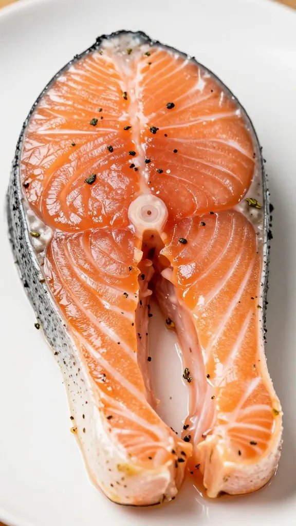 closeup of single marinated salmon fillet with herbs