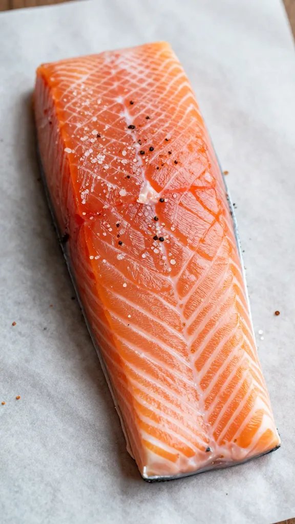 Closeup of a single salmon fillet with dry rub crystals on parchment paper