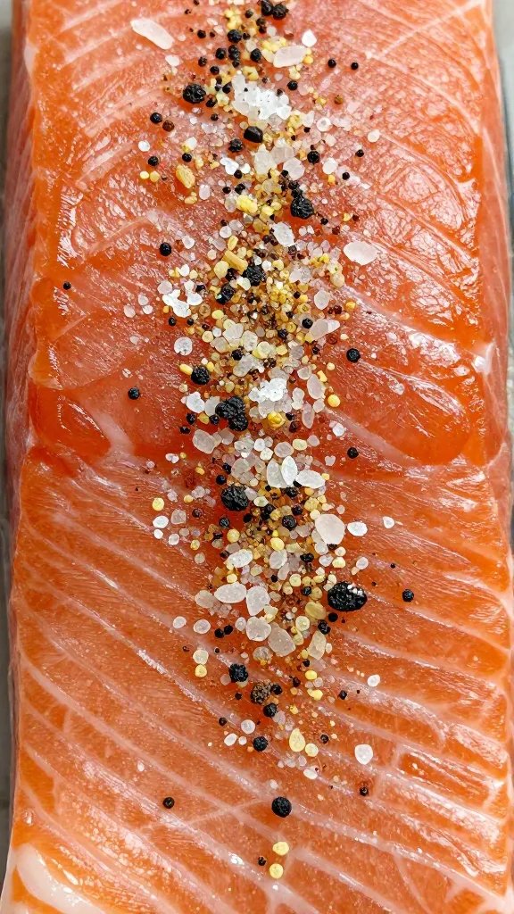 Closeup of salt-sugar-spice dry rub sprinkled on salmon surface