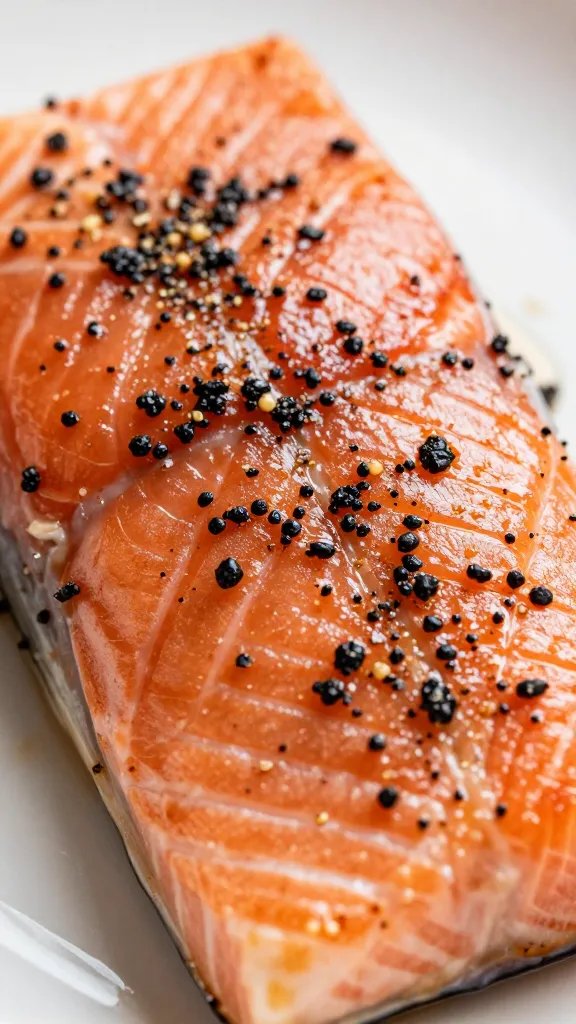 Closeup of a dry rub being massaged into a salmon fillet