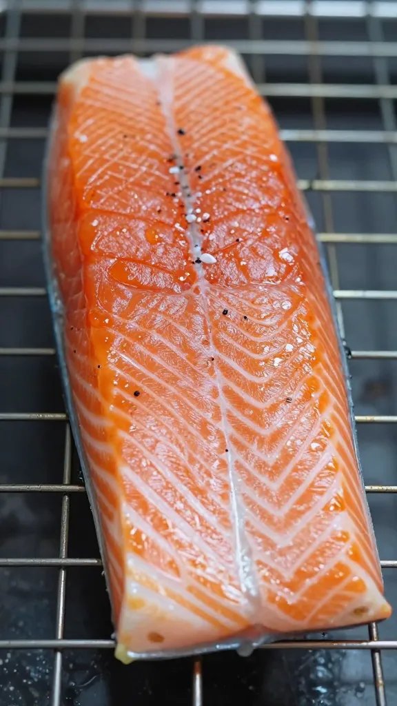 Closeup of a single salmon fillet resting on rack after rub