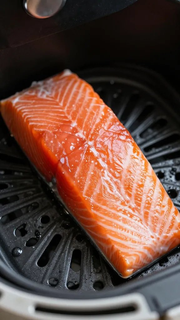 Closeup of a single glistening salmon fillet ready for air fryer