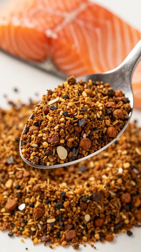 Closeup of a spoonful of mixed dry rub beside a salmon fillet