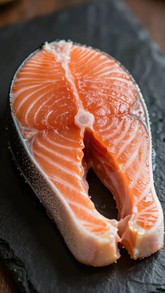 Closeup of a single salmon fillet showing crisp crust beginning