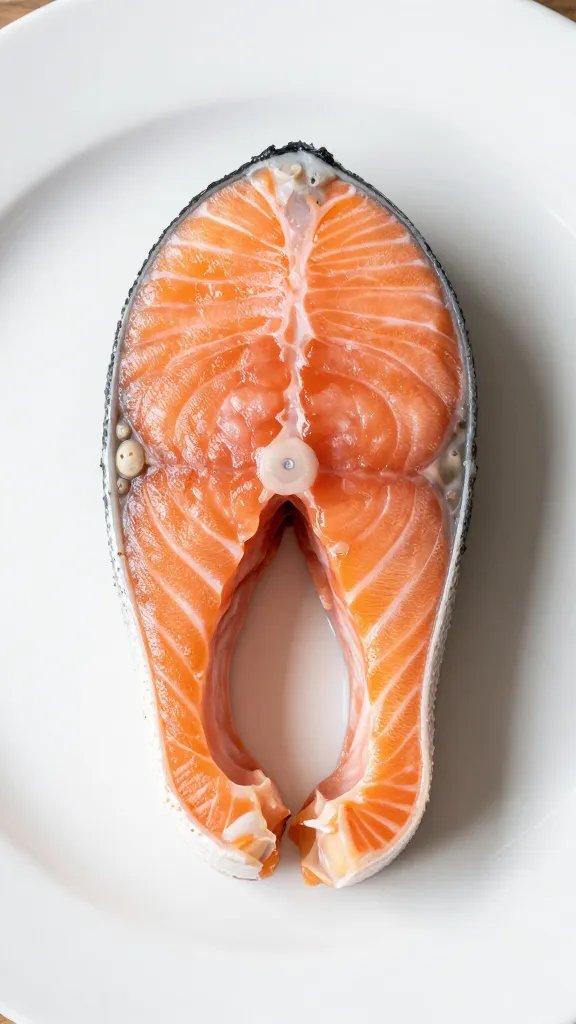 Closeup of a single plated salmon portion with clean white plate