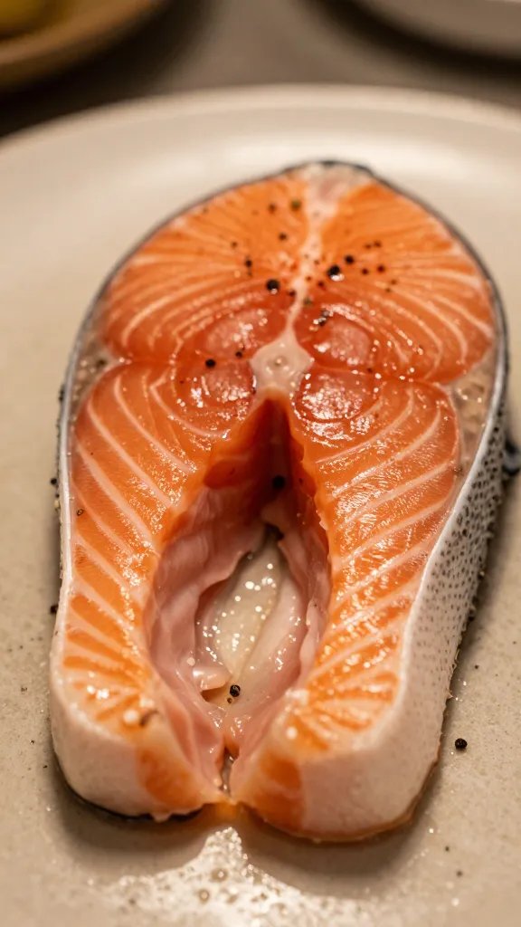 Closeup of a single salmon fillet under warm kitchen lighting, highlighting spices