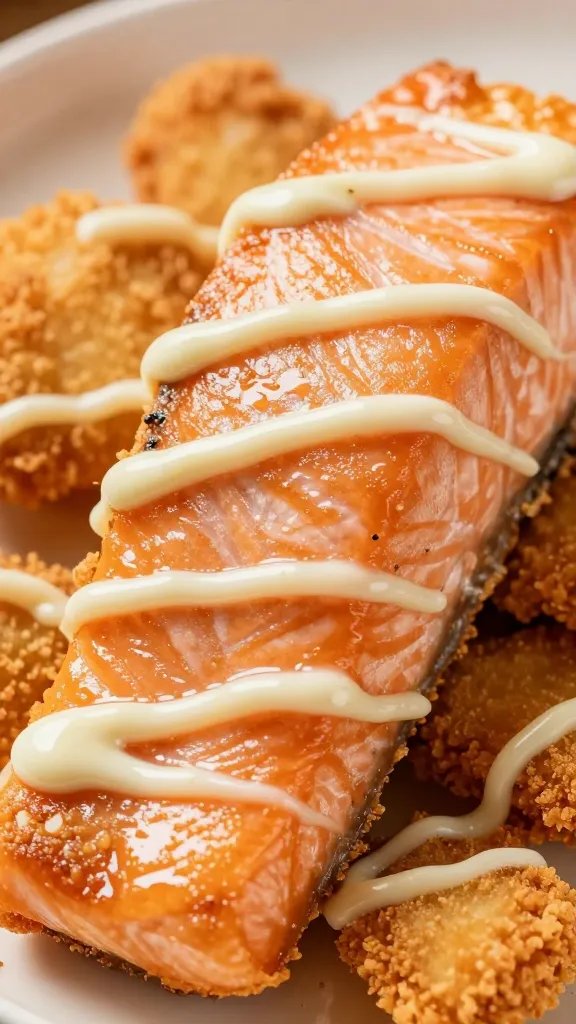 Closeup of glossy air-fried salmon fillet with mayo glaze