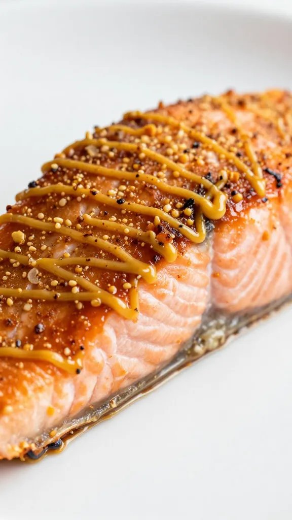 Side-view closeup of caramelized mayo crust on salmon
