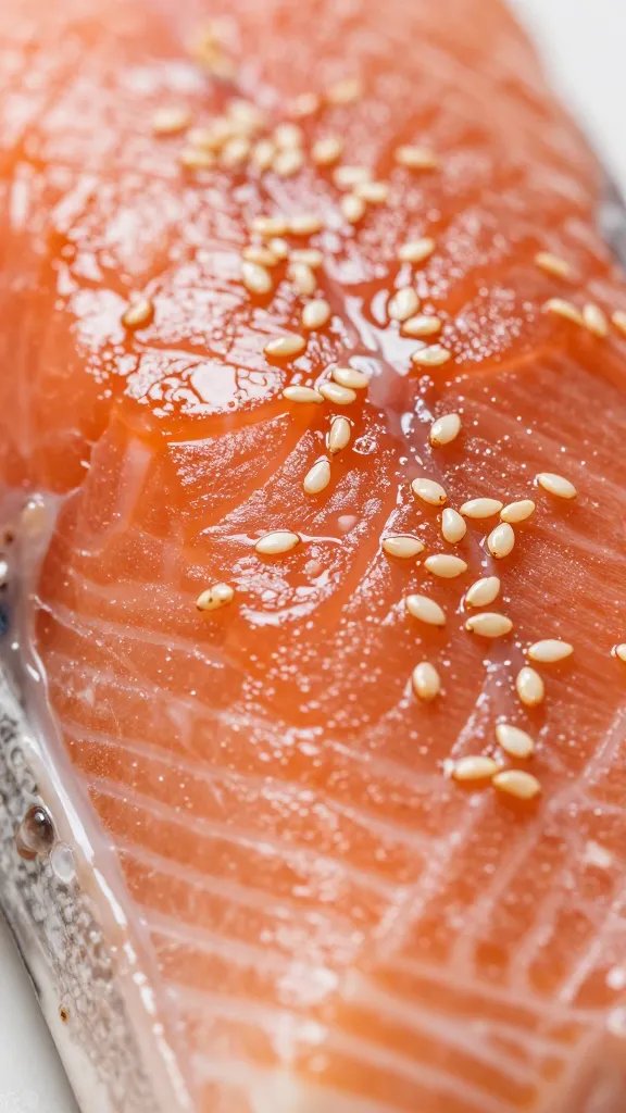 Macro shot of salmon filet surface with sesame glow