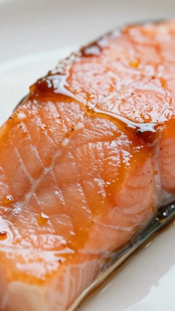 Closeup of flaky salmon with miso-soy glaze sheen