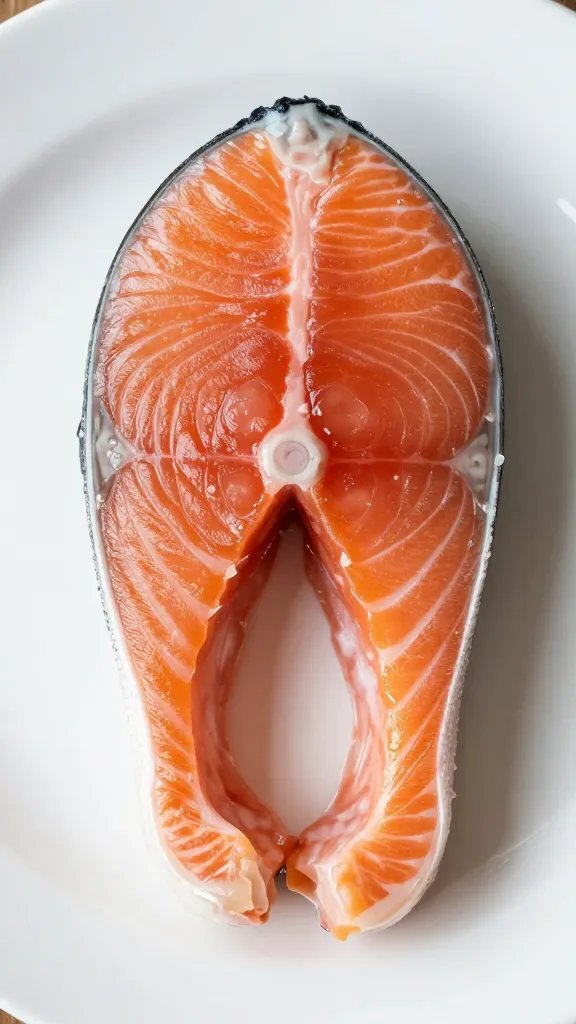 Overhead closeup of single plated salmon on white dish