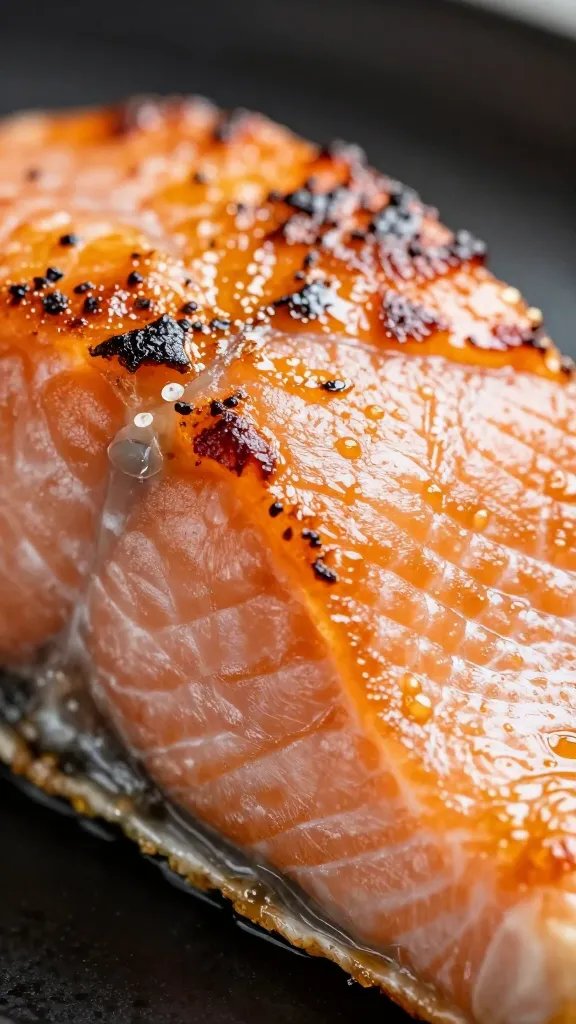 Tight shot of crisp salmon edge with caramelized top