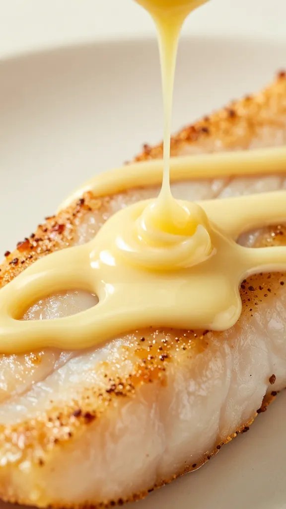 Closeup of soy-masted mayo glaze drizzling on fillet