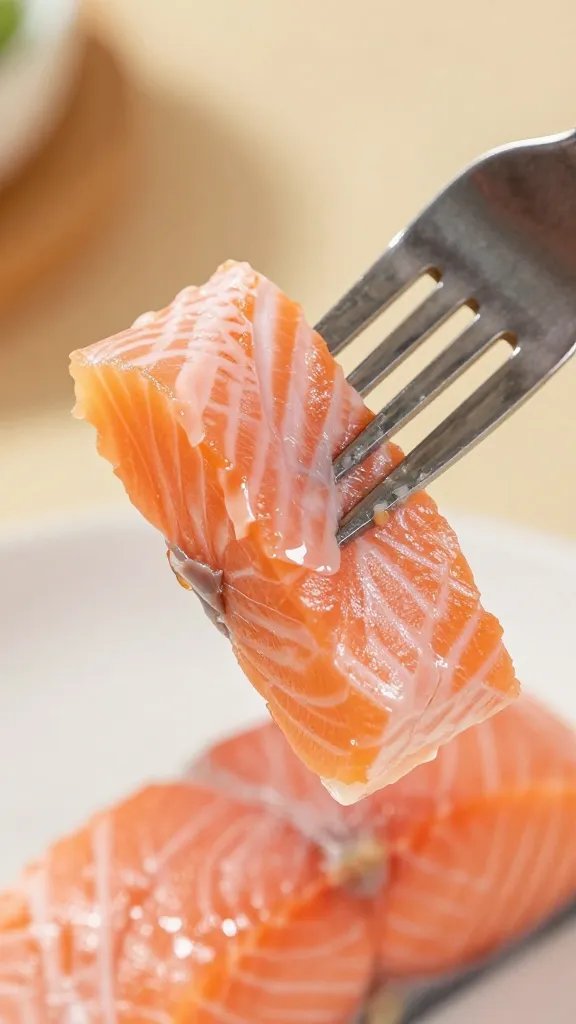 Closeup of fork breaking into tender salmon