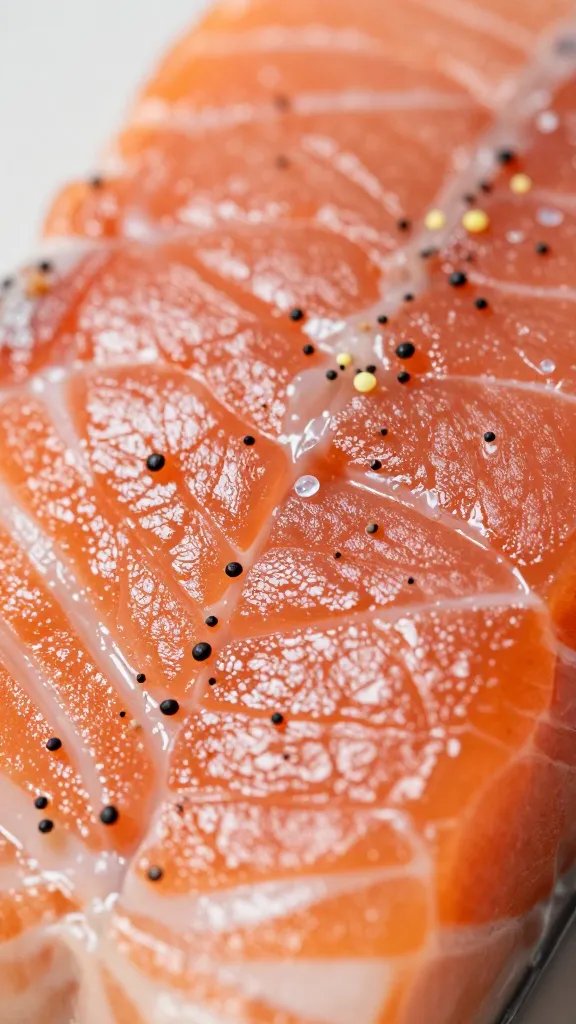 Macro of delicate garnish specks on glossy salmon surface