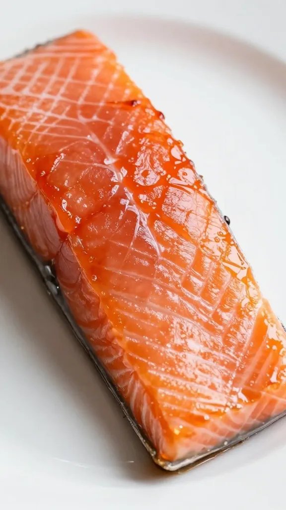 closeup of glossy glazed salmon fillet on white plate