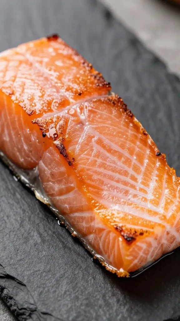closeup of crispy edge salmon slice on dark slate