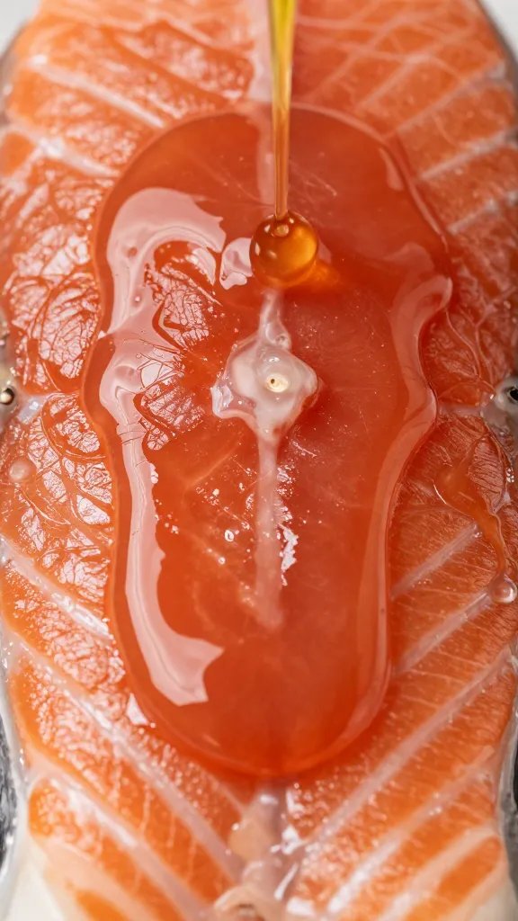 closeup of rich glaze dripping over salmon surface