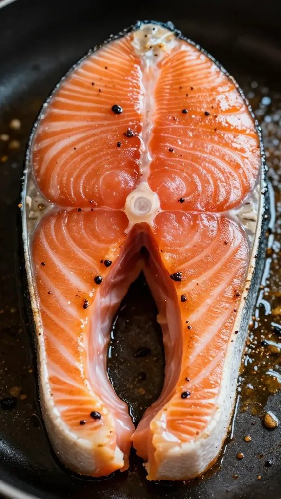 closeup of single salmon fillet pan-seared finish