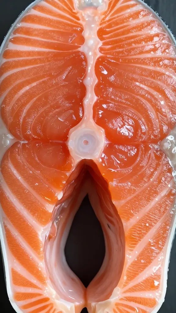 closeup of moist center of salmon half-fragment