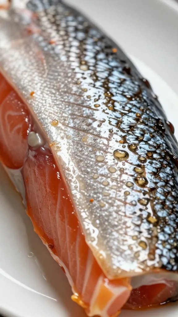 closeup of salmon skin crisp with glaze glow