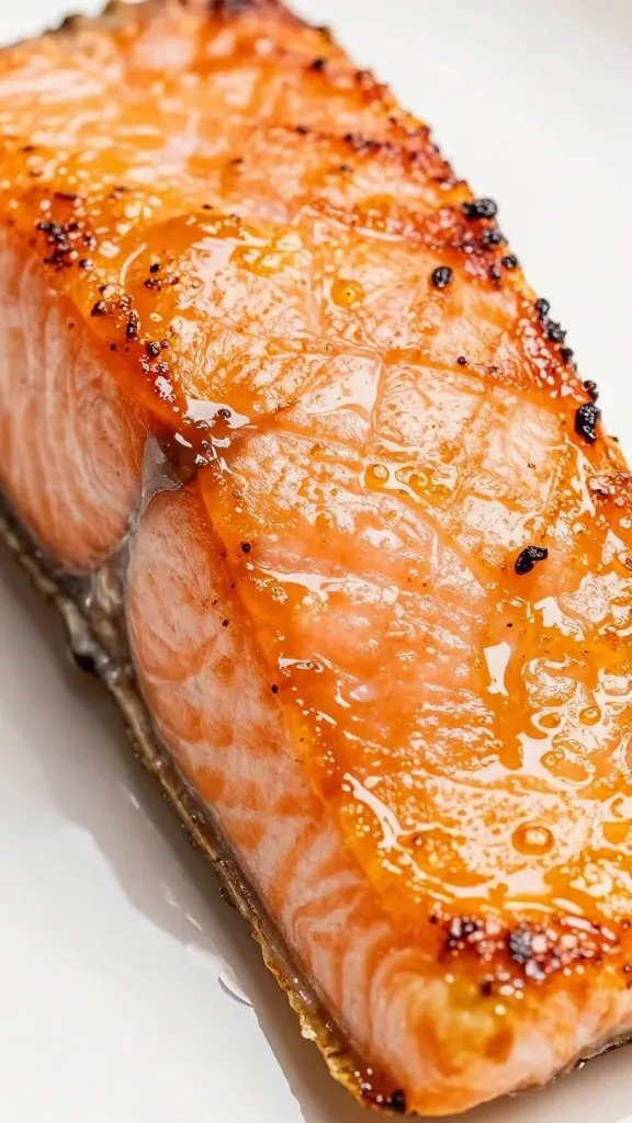 closeup of glazed salmon fillet with glossy caramelized edges