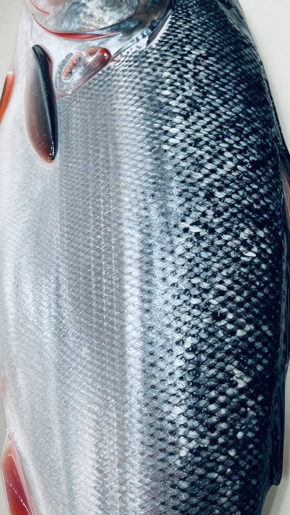 closeup of brushed glaze on salmon skin with crisp finish