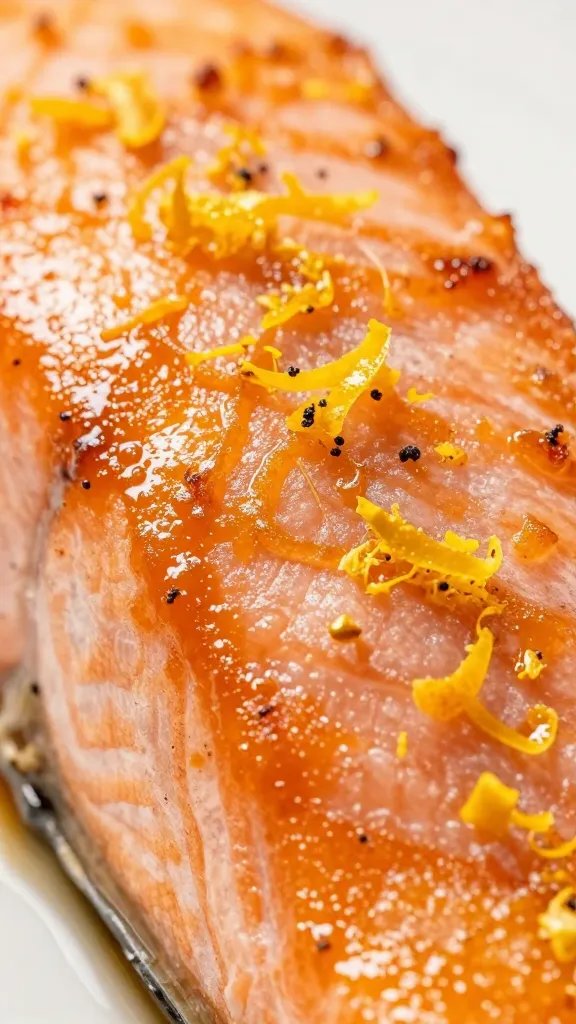 closeup of citrus zest flecks on caramelized salmon