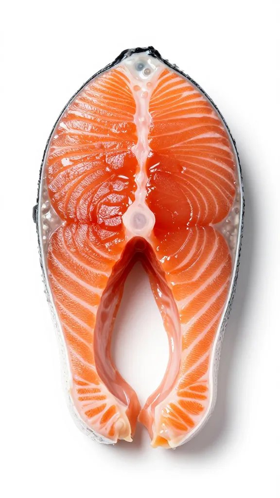 ultra-close portrait of single plated salmon slice glistening