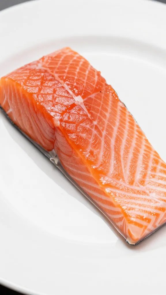 closeup of salmon fillet on white plate, minimal garnish
