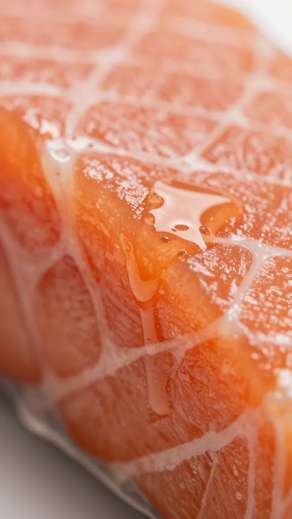 macro of lacquered glaze dripping from salmon edge