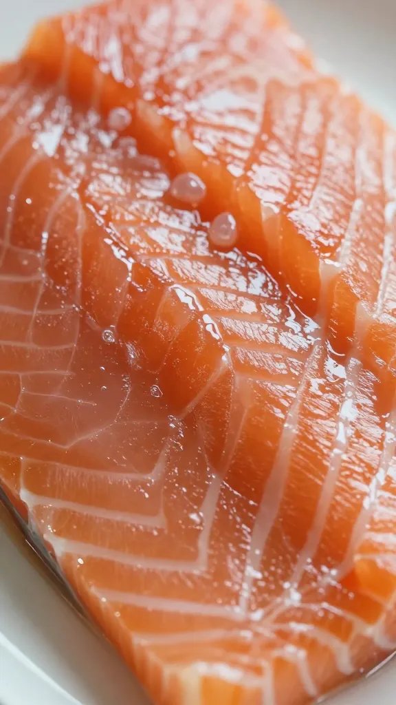 closeup of flaky salmon layers under shiny glaze