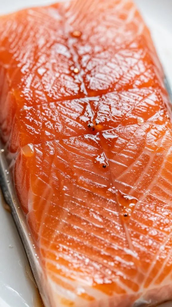 closeup of marinade sheen on marinated salmon surface