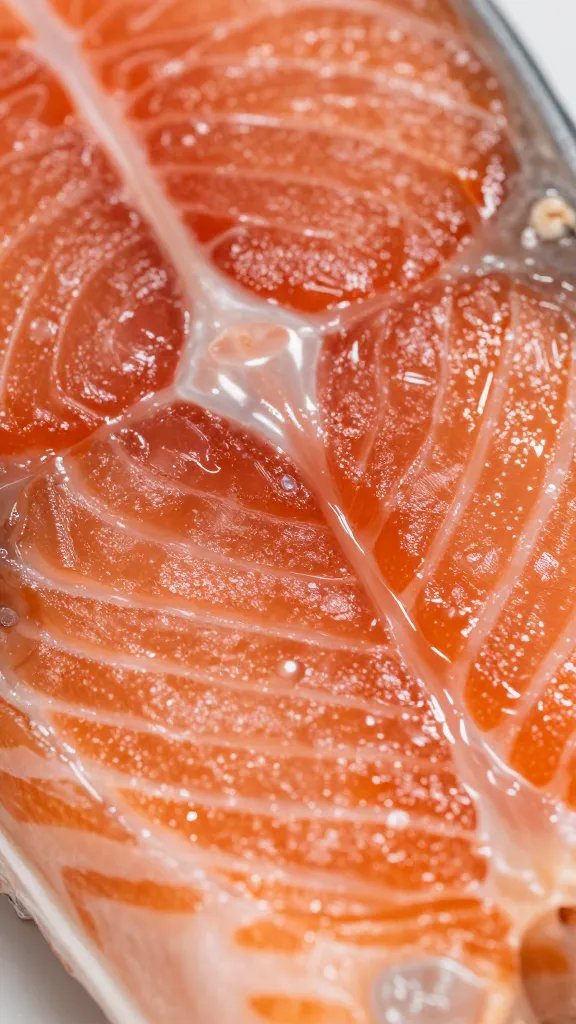 extreme closeup of salmon texture after glaze crystallization