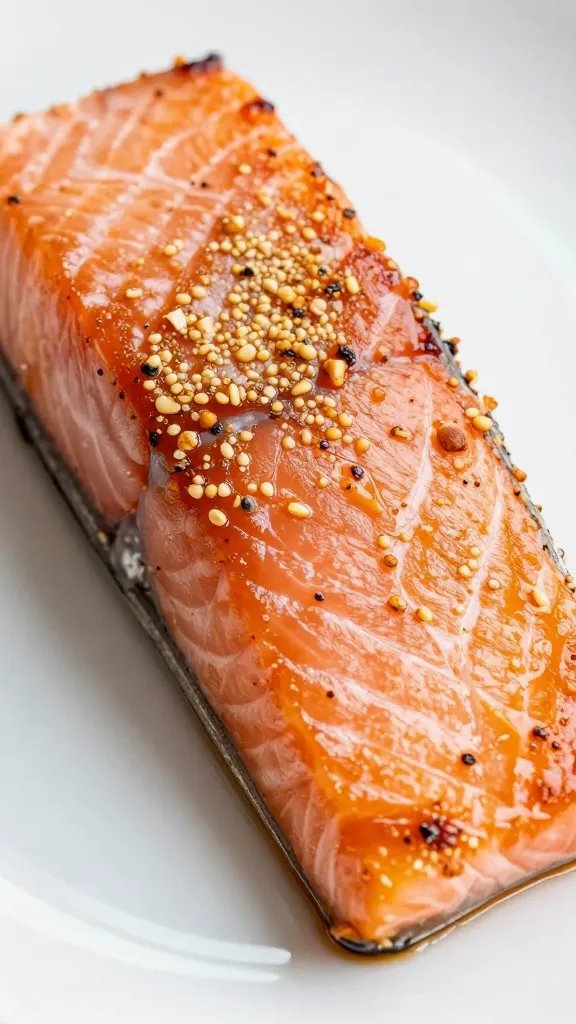 closeup of glazed salmon fillet crust crackle on white plate