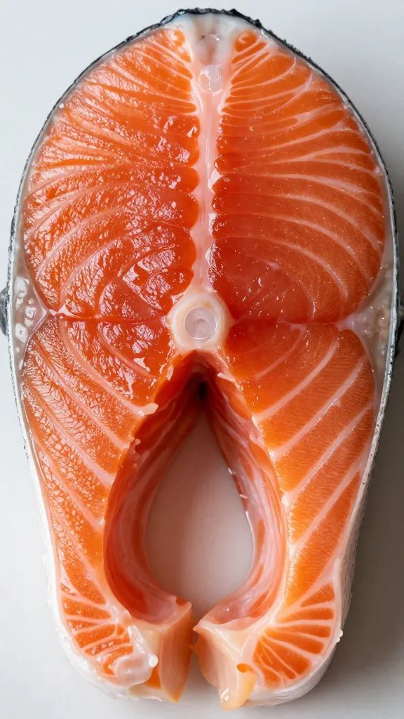 tight portrait of flaky salmon center, glossed surface