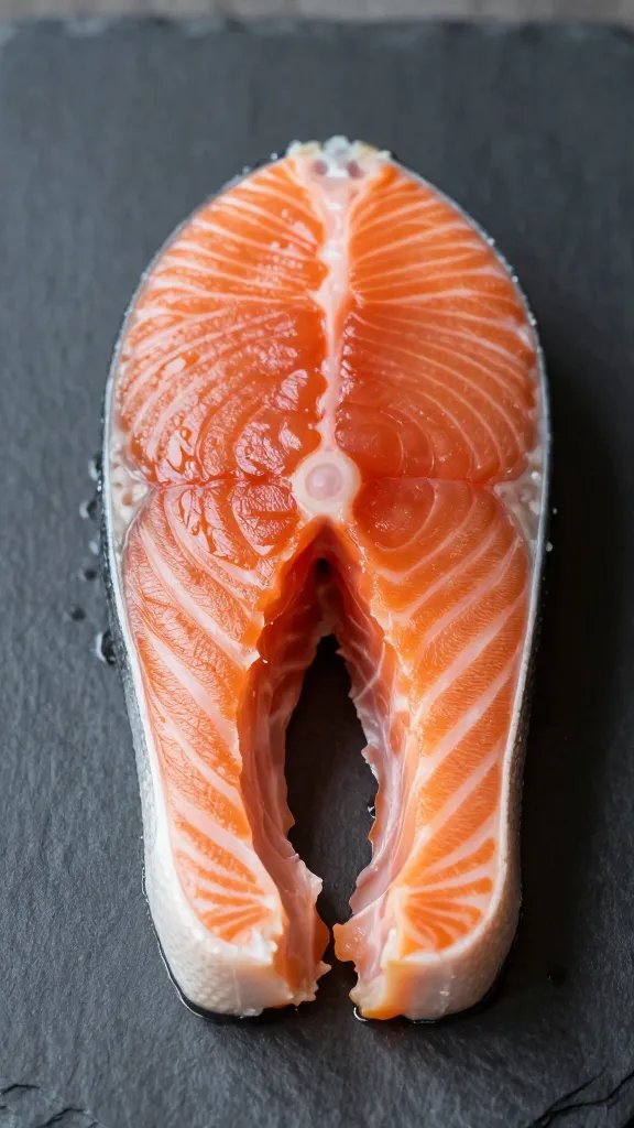 closeup of single salmon fillet on dark slate plate