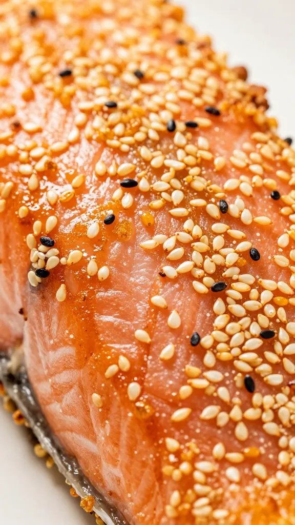 macro view of sesame-crusted salmon texture detail