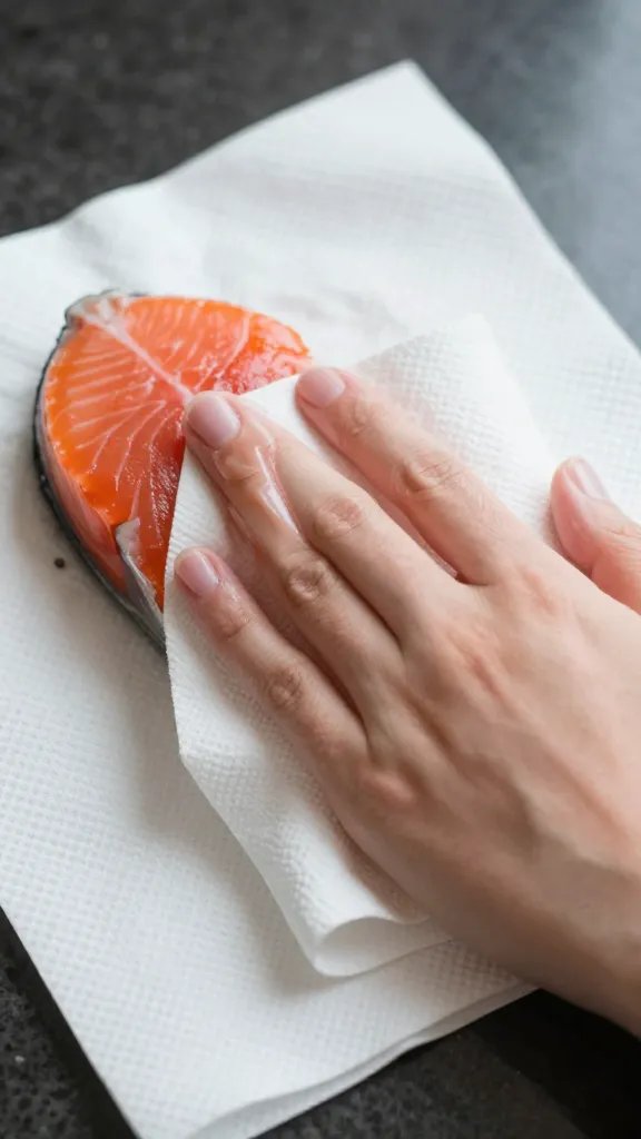 focused shot of patting dry salmon with paper towel