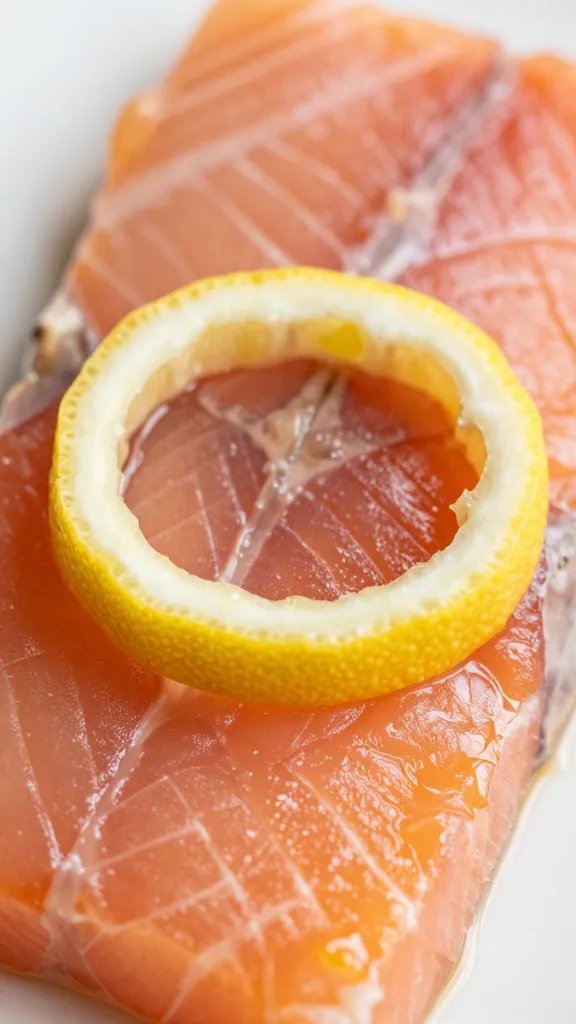 closeup of lemon zest ring resting on salmon glaze