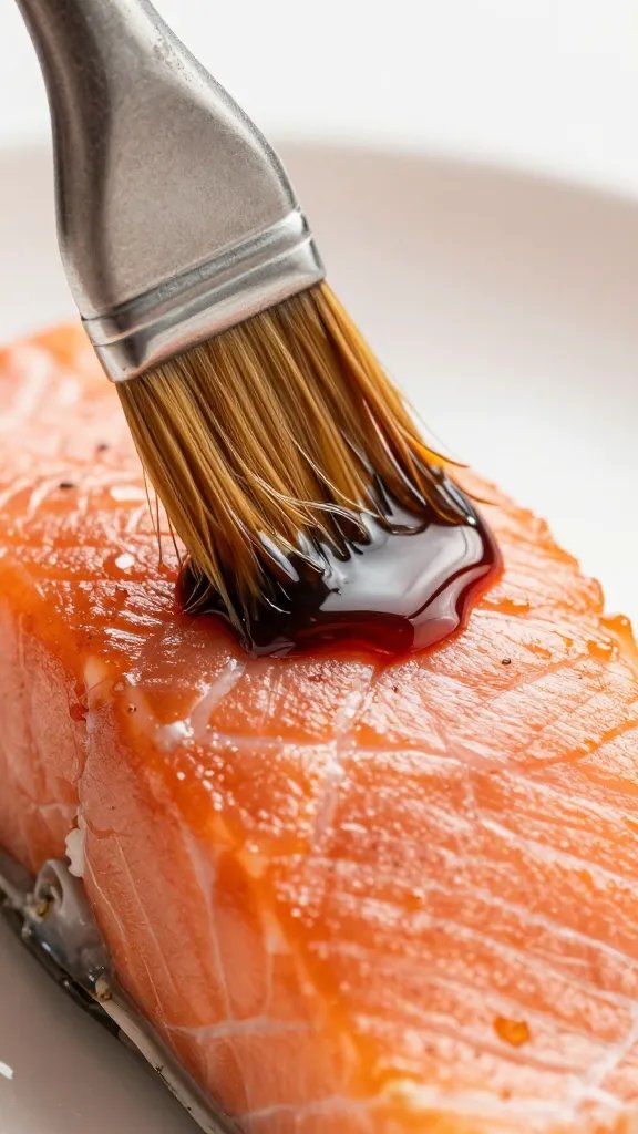macro of sauce glaze brushing onto salmon surface