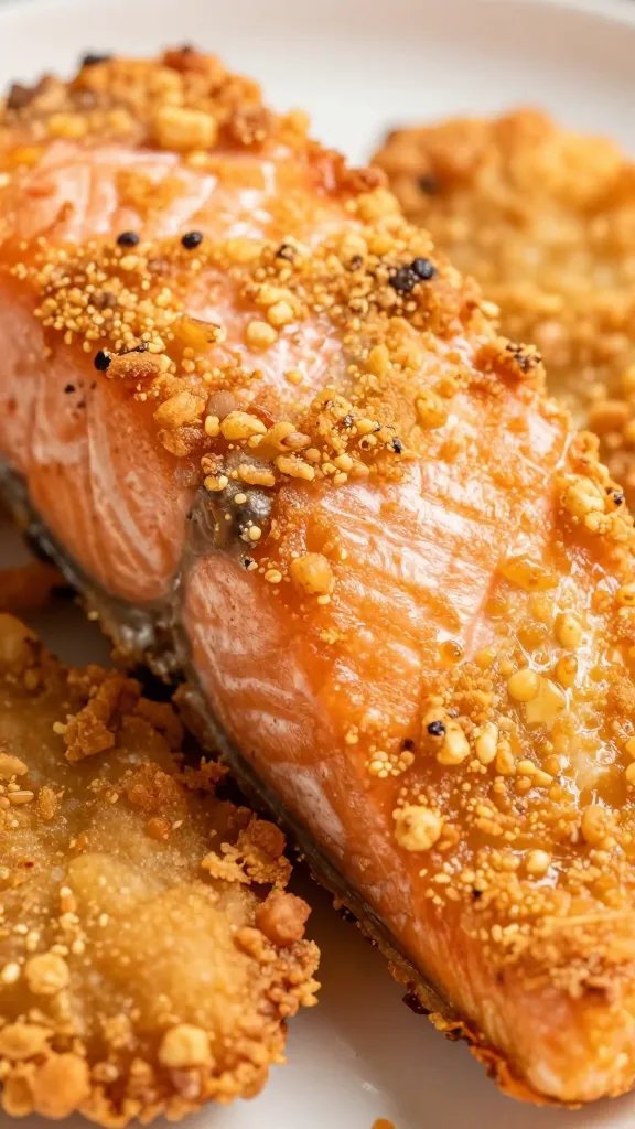 closeup of air-fried salmon with crisp crust edge
