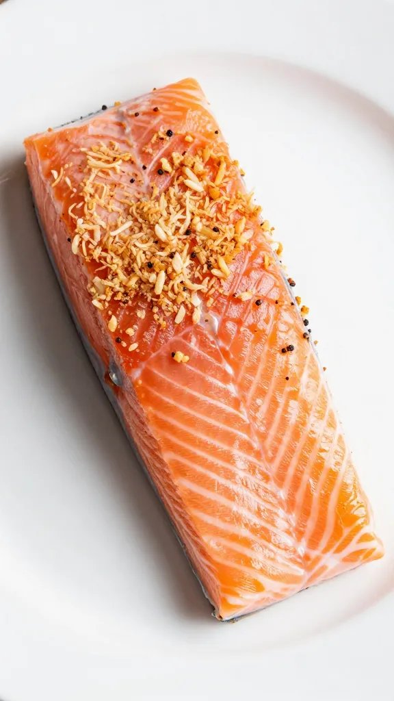 Closeup of a single salmon fillet with pork rind crust on white plate