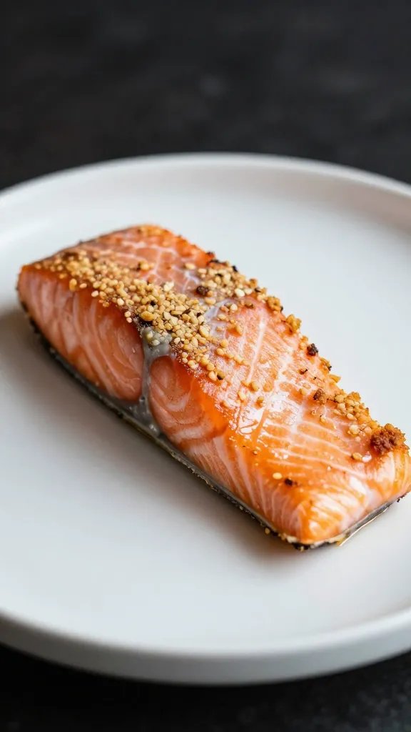 Single salmon fillet being plated with crisp crust, shallow depth of field