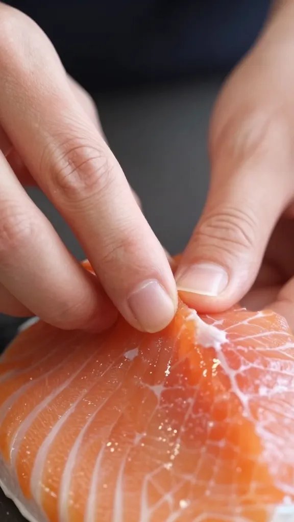 Closeup of salmon crust pressing technique with fingers