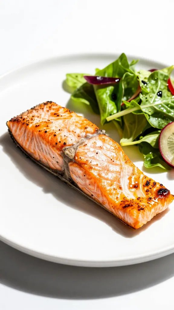 One plated salmon fillet with side salad, high-contrast lighting