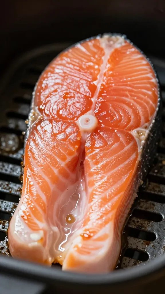 Focused shot of glossy salmon surface after air frying