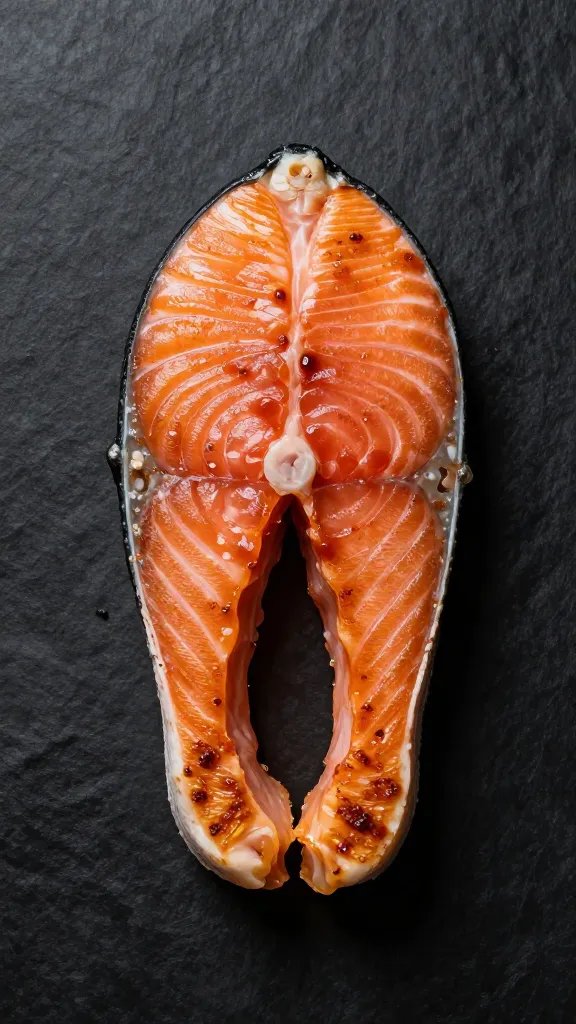 Portrait of a single crispy salmon fillet against dark background