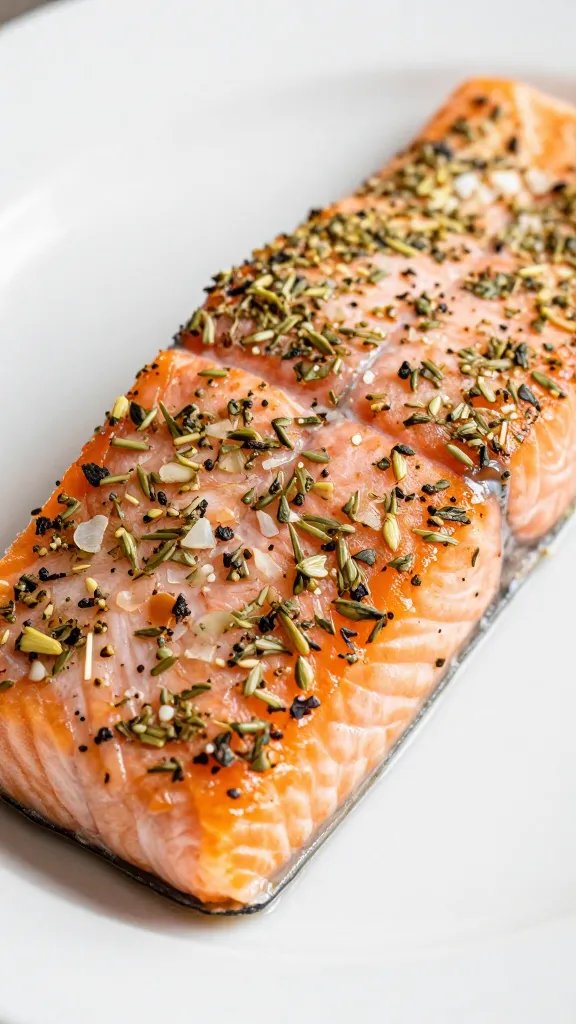 Closeup of herb crusted salmon fillet on white plate