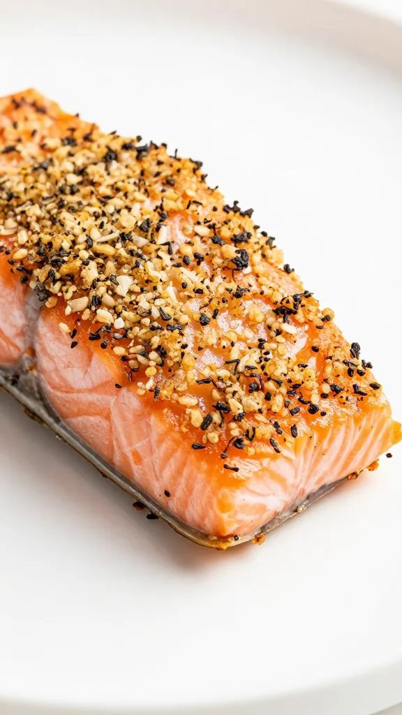 Side view closeup of crispy herb crust on salmon slab